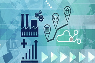 공장, 로드맵, 클라우드 네트워크 및 수익 증가 아이콘의 콜라주.