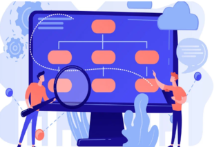 한 남성은 돋보기를 들고 다른 남성은 노트북을 들고 컴퓨터로 플로차트를 분석하는 두 남성의 클립아트.