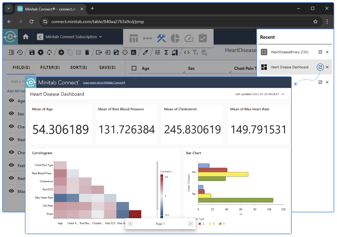 Painel de tarefas Recent (Recente) do Minitab Connect